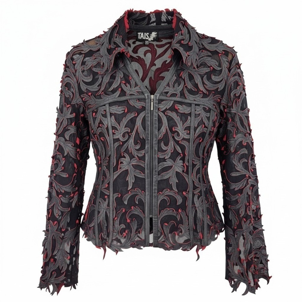 Vintage 90s TAIS Sheer Mesh Jacket Women XL Black Red Leather Steampunk Goth
